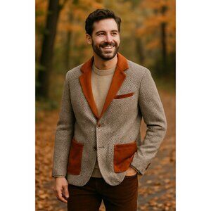 OKAYWEAR Men's Chevron Patterned Cozy Academic Blazer with Rust Satin Trim Sz XL